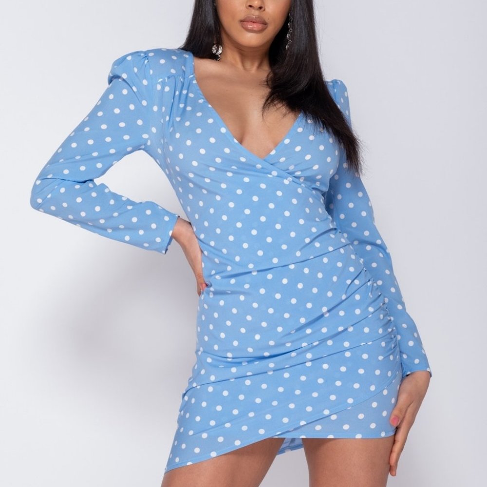 Polka Dot Long Sleeve V-Neck Bodycon Mini Dress - Picture 2 of 8